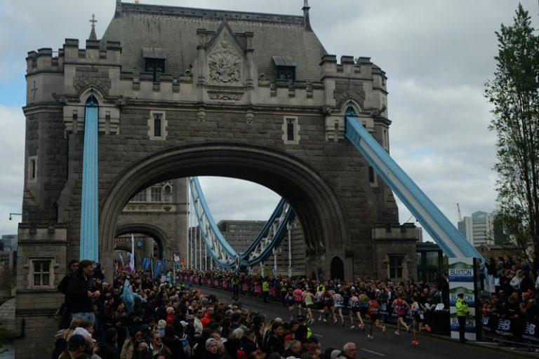 Runners crossing Tower Bridge during the London Marathon