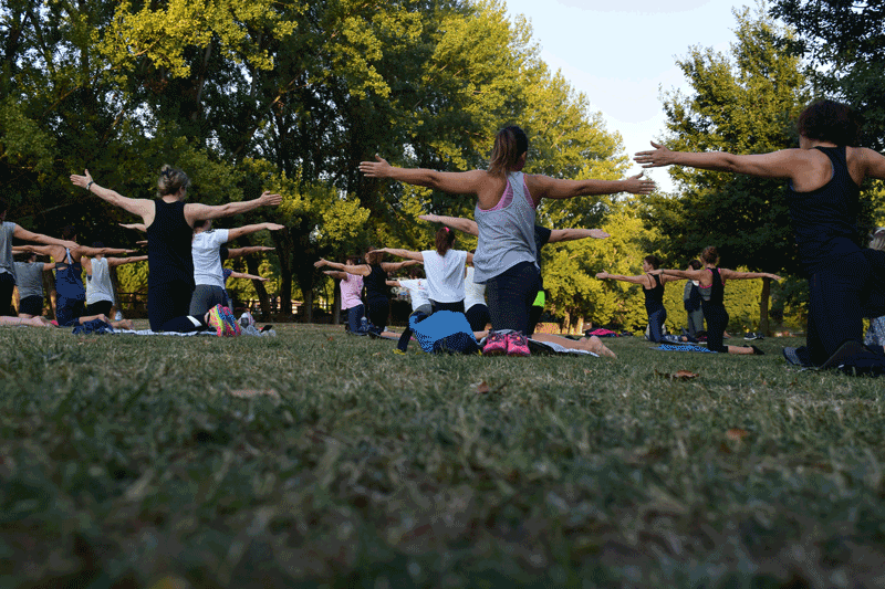 group of people doing yoga outdoors